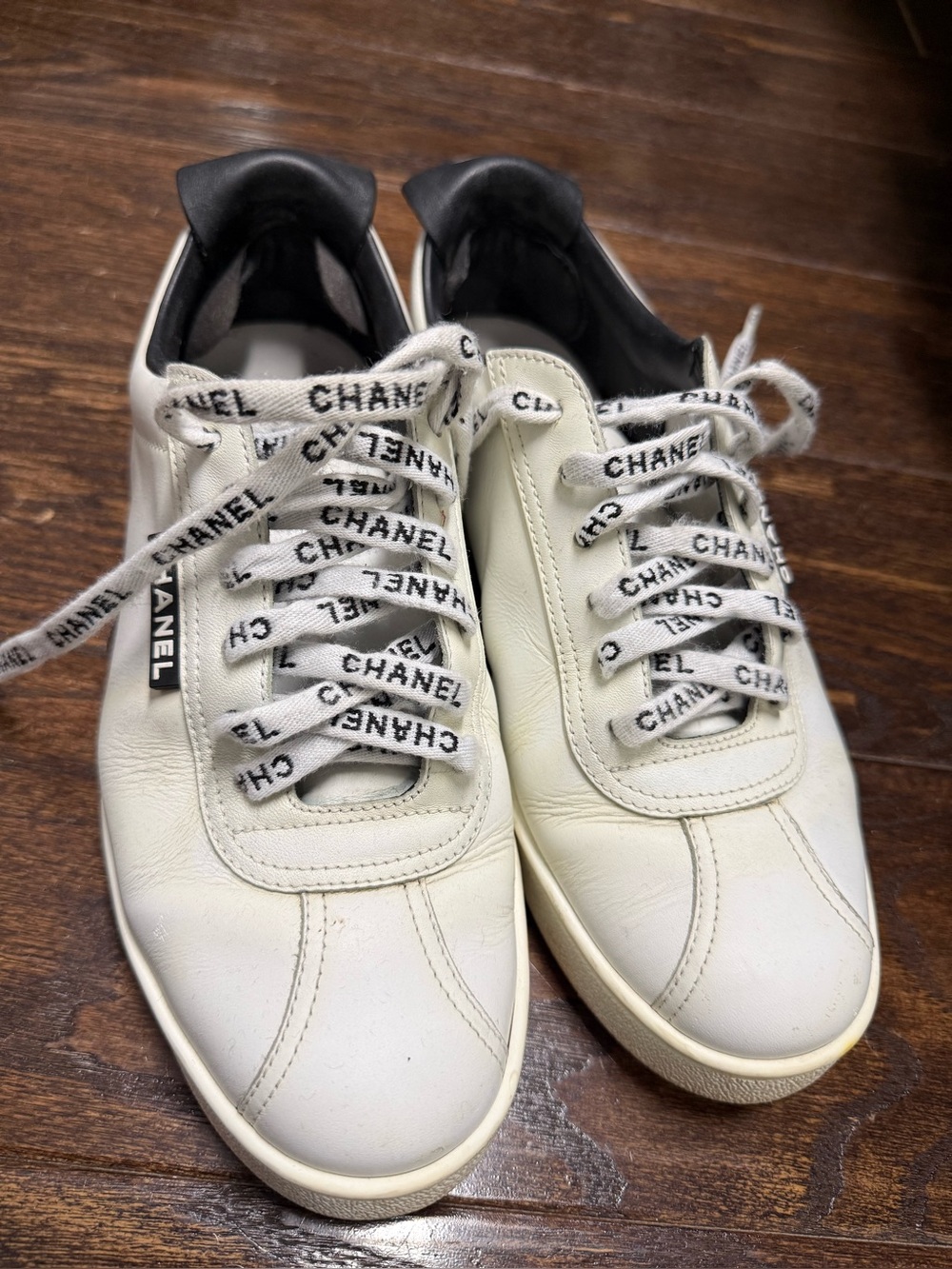 CHANEL Cream Leather Low-Top Sneakers with Branded Laces
